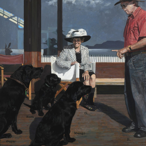 Roderick trains the puppies while Gillian sits for her Portrait (2011) Oil on canvas 167x 153 cm Private collection, New Zealand