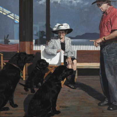 Roderick trains the puppies while Gillian sits for her Portrait (2011) Oil on canvas 167x 153 cm Private collection, New Zealand