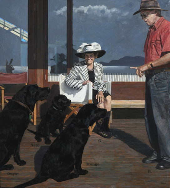 Roderick trains the puppies while Gillian sits for her Portrait (2011) Oil on canvas 167x 153 cm Private collection, New Zealand
