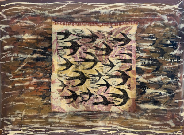 Symbolic birds flying inside a light coloured square set against a brown painterly background
